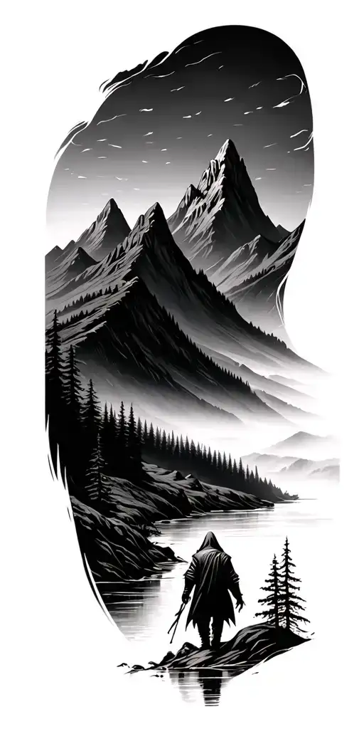 Forest With River Flowing And Mountain Range Silhouette With A Reaper Walking Through Valley