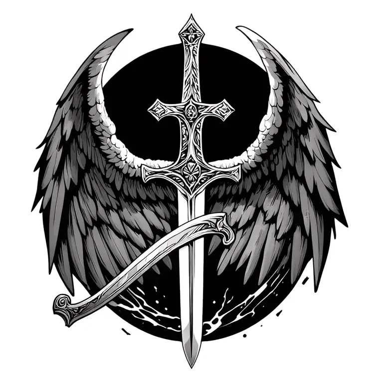 Sword And Cross With Wings Spread Wide
