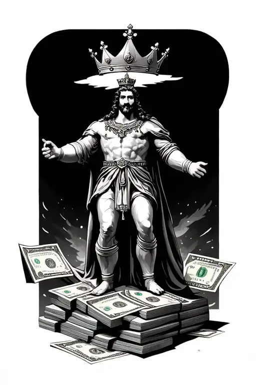 Make A King With A Floating Crown Standing On A Stack Of Cash In Heaven