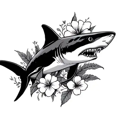 Neo Traditional Style Shark Tattoo With Flowers