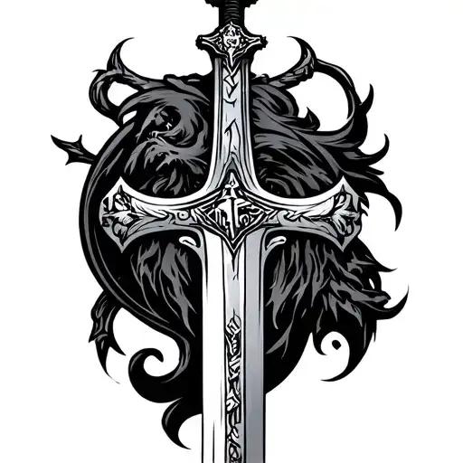 Aggressive Sword Cross Mix With Ave Ave Christus Rex On Top Back Tattoo Piece
