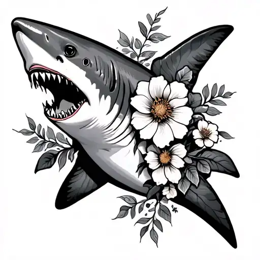 Traditional Style Shark Tattoo With Flowers