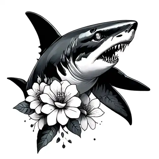 American Traditional Style Shark Tattoo With Flowers