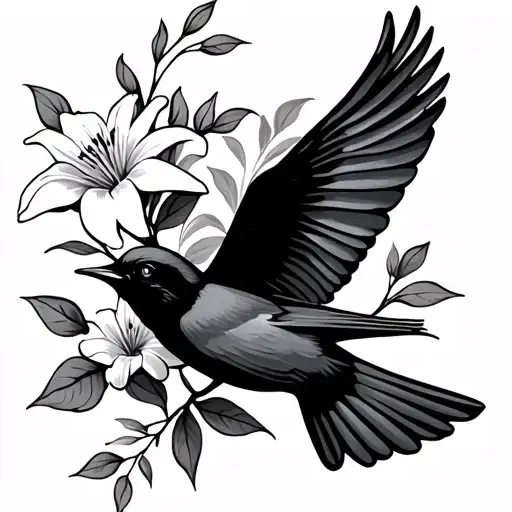 Bird Flying Around A Lillie Flower And Vine