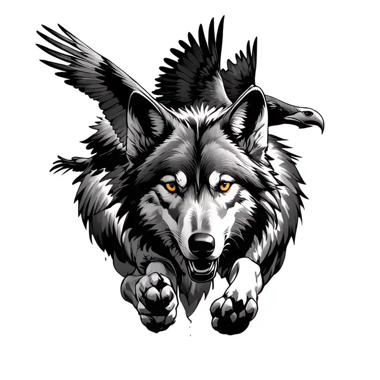 Wolf Running And Hawk Flying