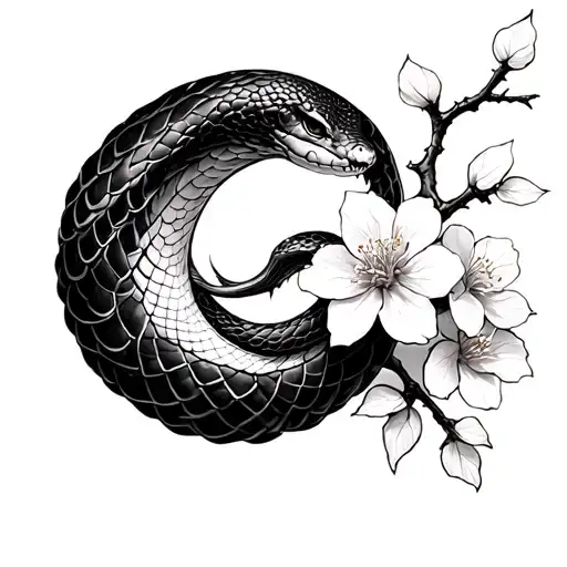 Snake And Sakura Branch With Crescent Moon On Collarbone