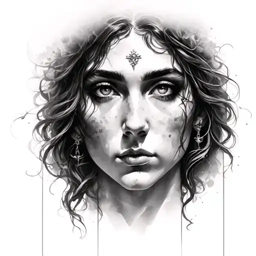 A Realistic Face And God Above Her Looking At Him