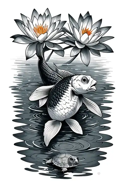 A Koi Fish And A Turtle Swimming With 5 Water Lilly