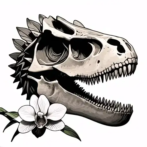 Dinosaur Skeleton With Orchid Flower