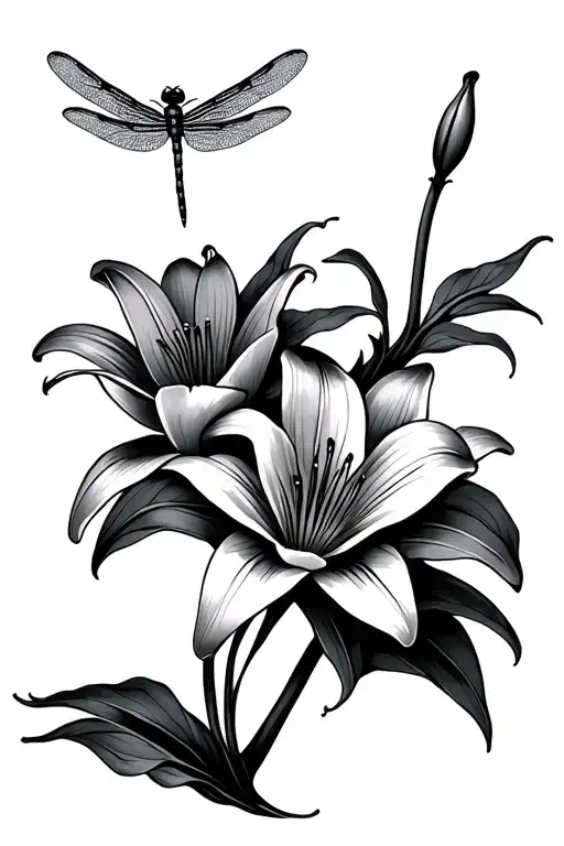 Two Lily Flowers With A Dragonfly Hovering