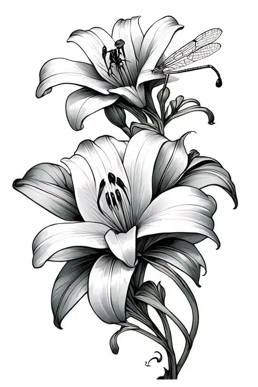 Two Lily Flowers With A Dragonfly Perched