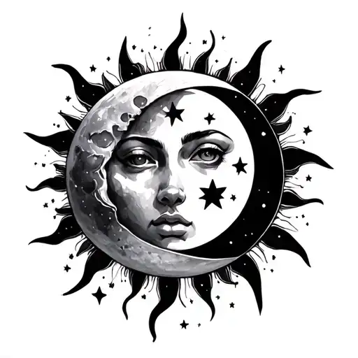 Sun And Moon Surrounded By Stars