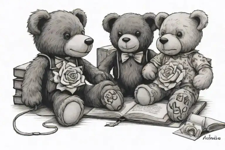 Teddy Bear Sat Next To A Book Tgat Says Matilda On The Front With A White Rose Laying Beside Them