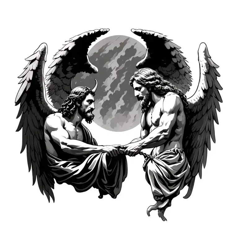 Jesus And Devil Playing Tug Of War With Angel Wing