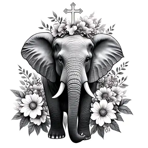 Elephant With Flowers Around It Including A Cross Somewhere