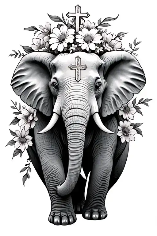 Elephant With Flowers Around It Including A Cross Somewhere
