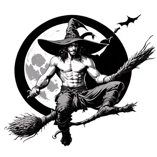 Male Witch Shirtless On A Broom In Front Of Moon Vintage