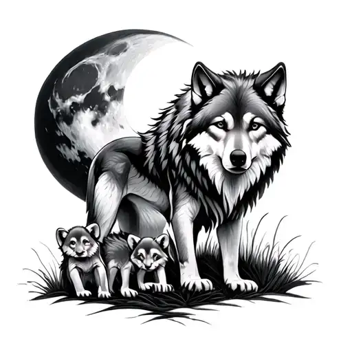 Full Body Wolf With Two Cubs And Moon