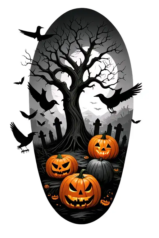 Halloween Inspired Include Tree Pumpkins Graveyard And Crows