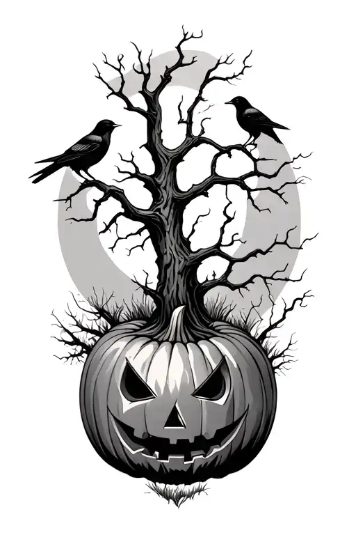 Halloween Inspired Include Tree Pumpkins Graveyard And Crows