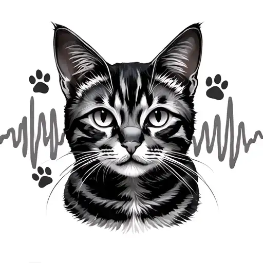 Cat Outline With Purring Sound Wave And Paw Prints