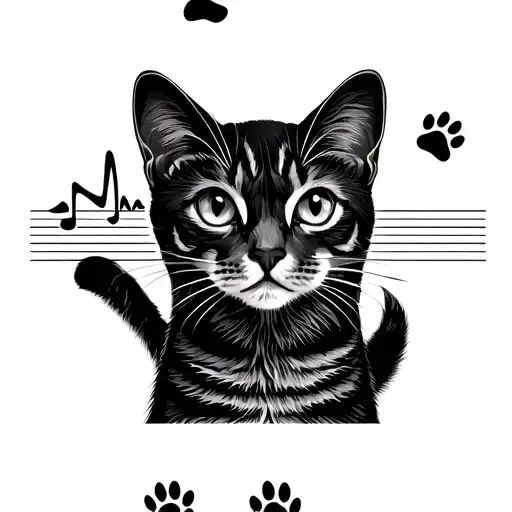 Cat Silhouette With Purring Sound Wave And Paw Prints