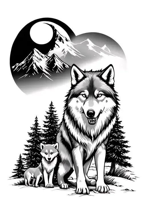 Fullbody Wolf Showing Teeth Protecting Two Cubs With Moon Mountain And Trees
