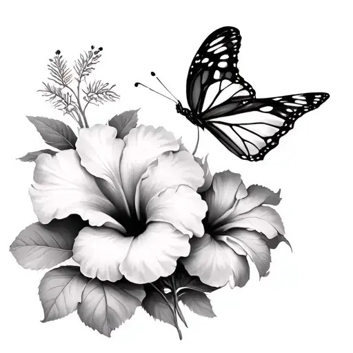 Hibiscus Flowers And A Butterfly Emerging