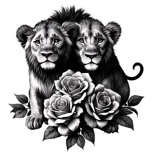 6 Lion Cubs Intertwined With Roses