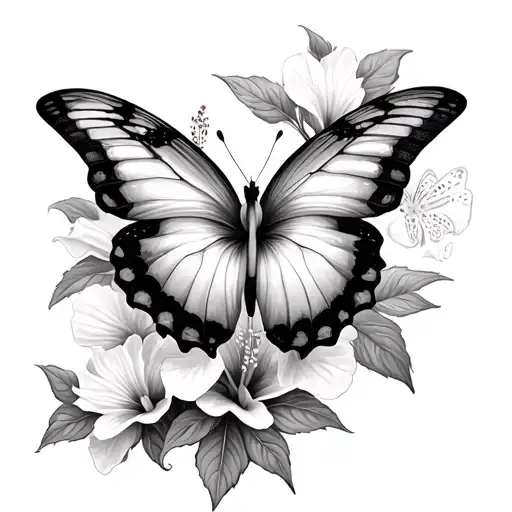 Hibiscus Flowers And A Butterfly Emerging