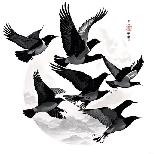 6 Birds Flying In A Flock Together Over Old Japan