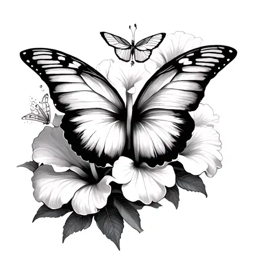 Hibiscus Flowers And A Smaller Butterfly Emerging