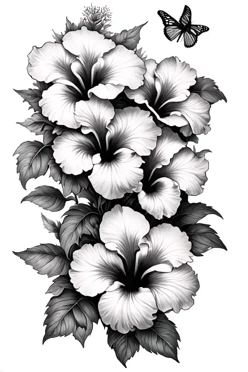 Hibiscus Flowers And A Smaller Butterfly Emerging