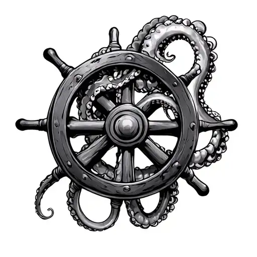 Tentacles Wrapping A Ship Wheel Intertwined
