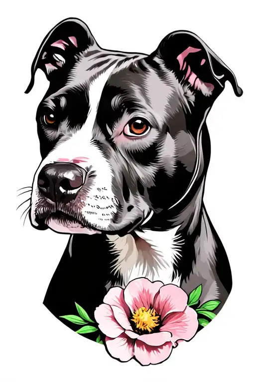Gray And White Pitbull With Flower Around It Tattoo idea