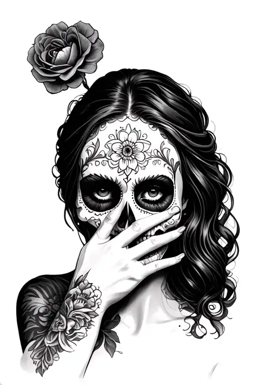 Day Of The Dead Woman Hand Covering Half Face Profile Holding