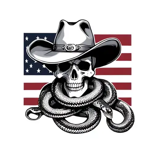 Skull Cowboy Hat Surrounded By Snakes Wrapped In Front Of The American Flag