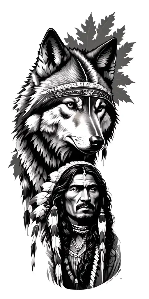 Forest With Wolf And Native Indian Man