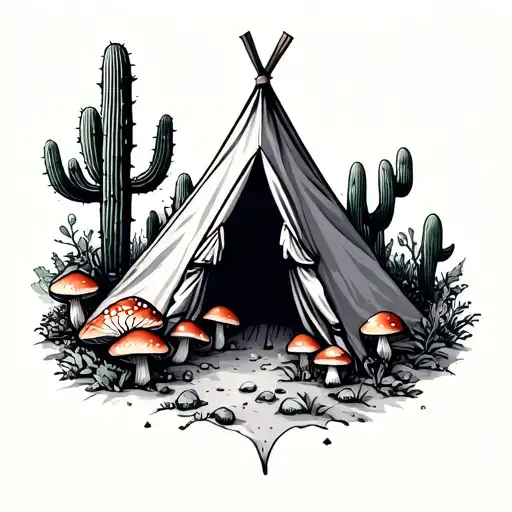 Camping Tent Surrounded With Mushrooms And Cactuses