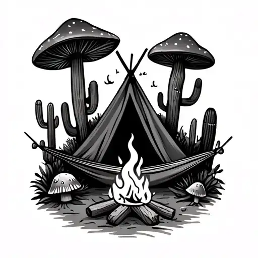 Camping Tatto With Hammock Tent Campfire Mushrooms And Cactuses