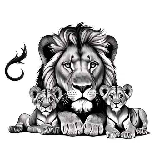 Lion And Its 2 Lion Cubs