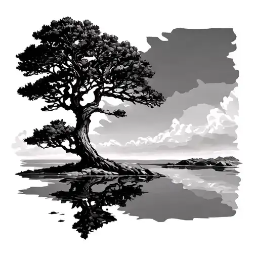 Cyprus Tree With Reflection Of Itself