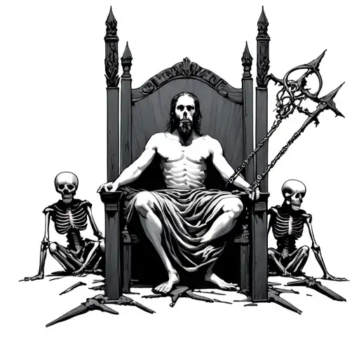 Damocles Sitting On A Broken Throne With Skeletons Kneeling Around Him