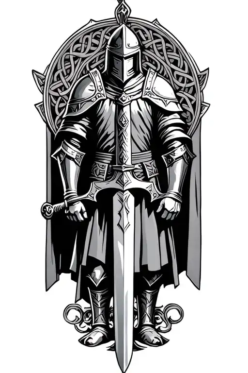 Helmeted Celtic Knight With Claymore Sword Standing On Battlefield