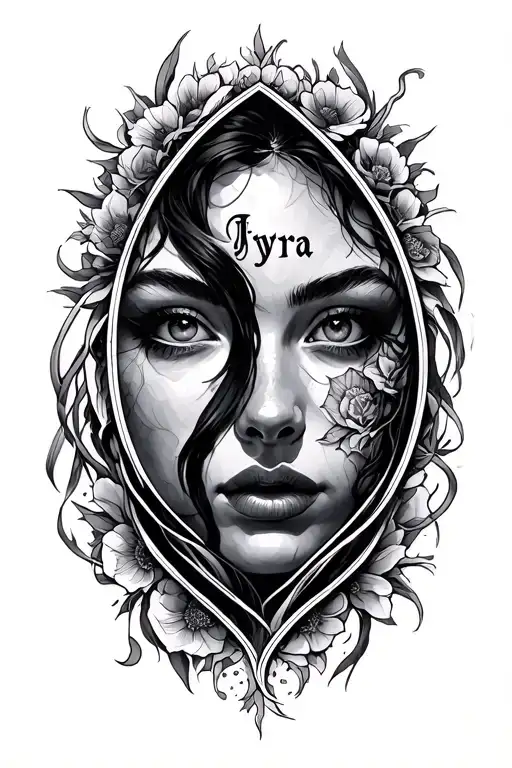 Faces Line Tattoo With Word 'Jyra' Written Inside Surrounded