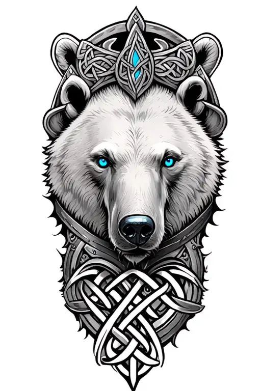 Polar Bear With Blue Eyes On Armor Tattoo Design Featuring Celtic Trinity Knot