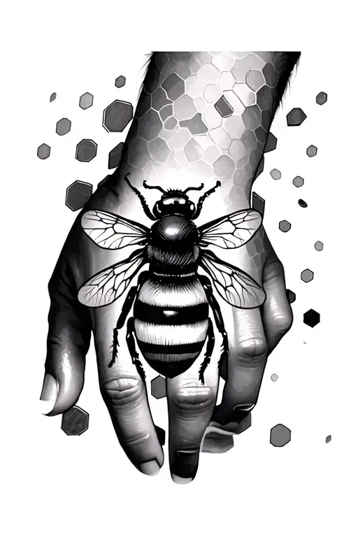 A Sleeve Tattoo With A Geometric Bumble Bee On My Hand With Hexagons Scattered Going Up My Arm