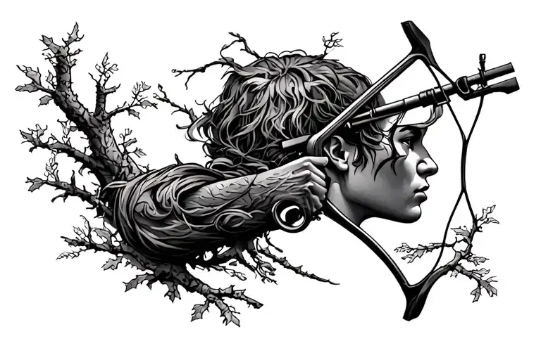 Nature Themed With Bow Hunter And Side Profile Of Face Among Tree Branches