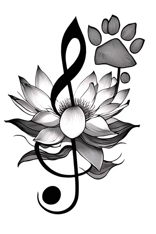Lotus Flower With Treble Clef Intertwined With Paw Print And Lotus Flower