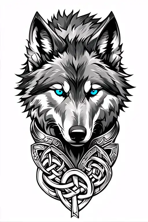 Wolf With Blue Eyes On Armor Tattoo Design Featuring Celtic Trinity Knot
